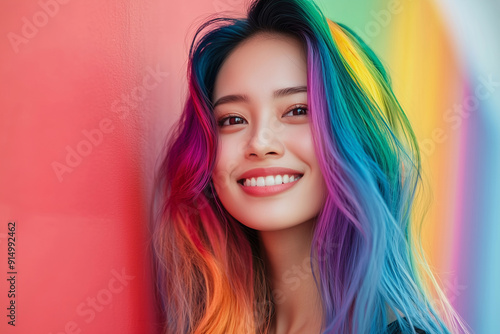 Wallpaper Mural Asian woman with rainbow colored hair is smiling and looking at the camera. Concept of happiness and positivity, as the woman's colorful hair and bright smile suggest that she is enjoying herself Torontodigital.ca