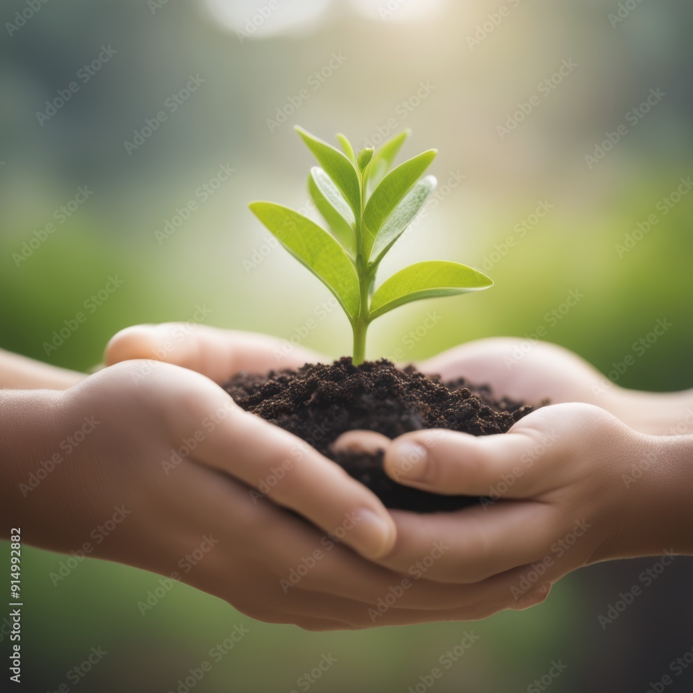 Two hands gently cradle a small plant in soil against a softly blurred outdoor background. Two hands gently cradle a small plant in soil against a softly blurred outdoor background.