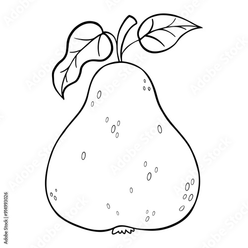 Outline pear fruit with leaves. Vector illustration. Line drawing, coloring book .