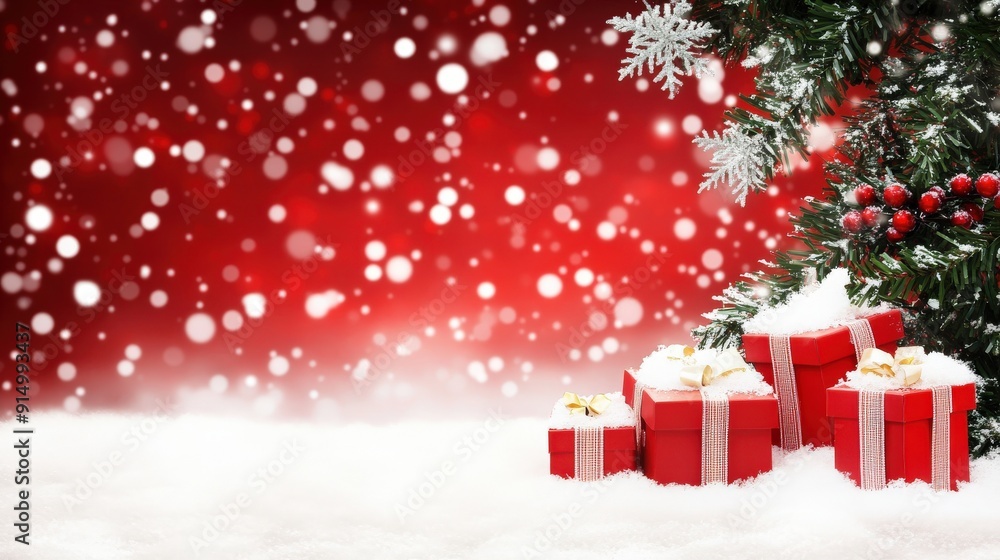 Red Christmas Presents Under Snowy Evergreen Tree Red Christmas Presents Under Snowy Evergreen Tree