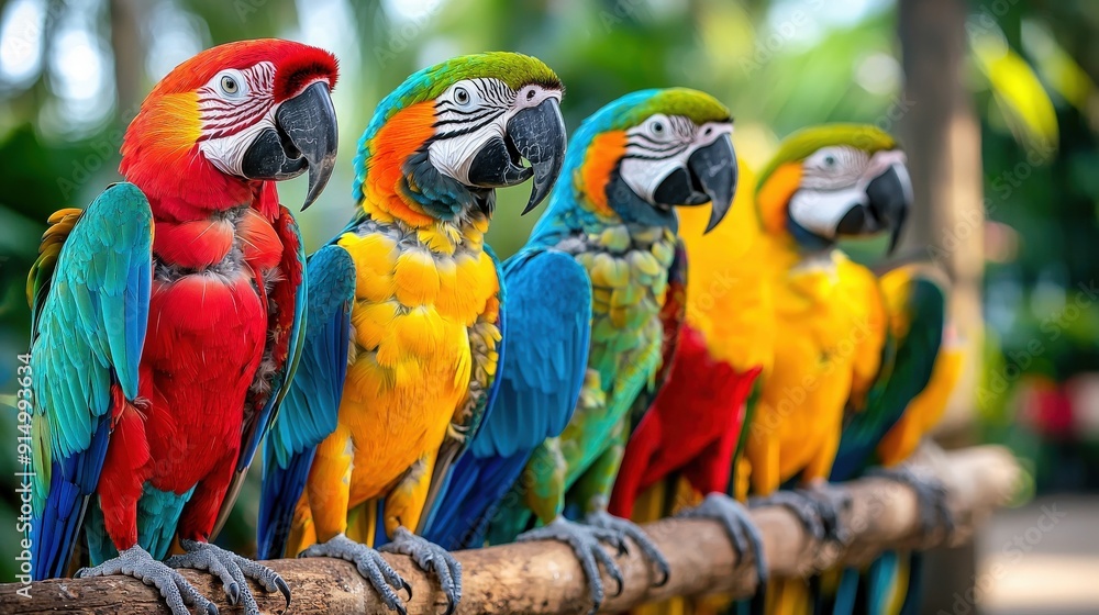 A stunning lineup of colorful macaw parrots perched together, showcasing vibrant feathers in a tropical setting. A stunning lineup of colorful macaw parrots perched together, showcasing vibrant feathers in a tropical setting.