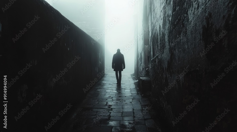 Mysterious shadowy figure in a foggy alley Mysterious shadowy figure in a foggy alley