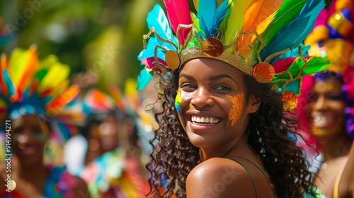 Vibrant Carnival Celebration with Smiling Woman in Colorful Feathered Headpiece