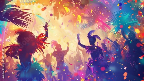 Energetic Carnival Dance Party with Colorful Silhouettes and Confetti