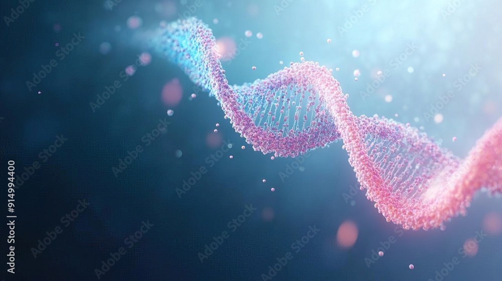 Fototapeta premium Abstract 3D illustration of DNA helix with glowing particles.