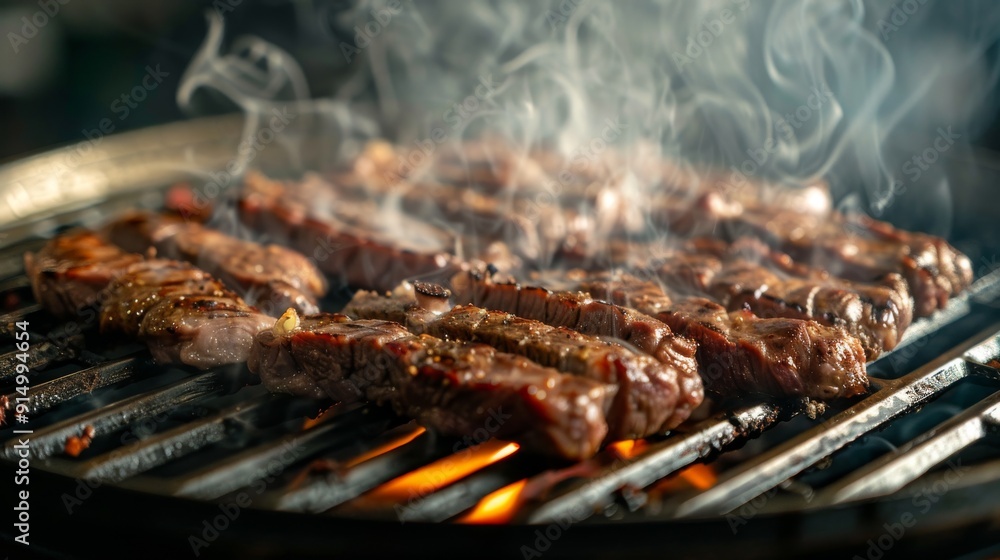 Intimate Close-up of Sizzling Yakiniku Grill with Perfectly Cooked Meat and Smoke Rising - Culinary Precision Showcase Intimate Close-up of Sizzling Yakiniku Grill with Perfectly Cooked Meat and Smoke Rising - Culinary Precision Showcase
