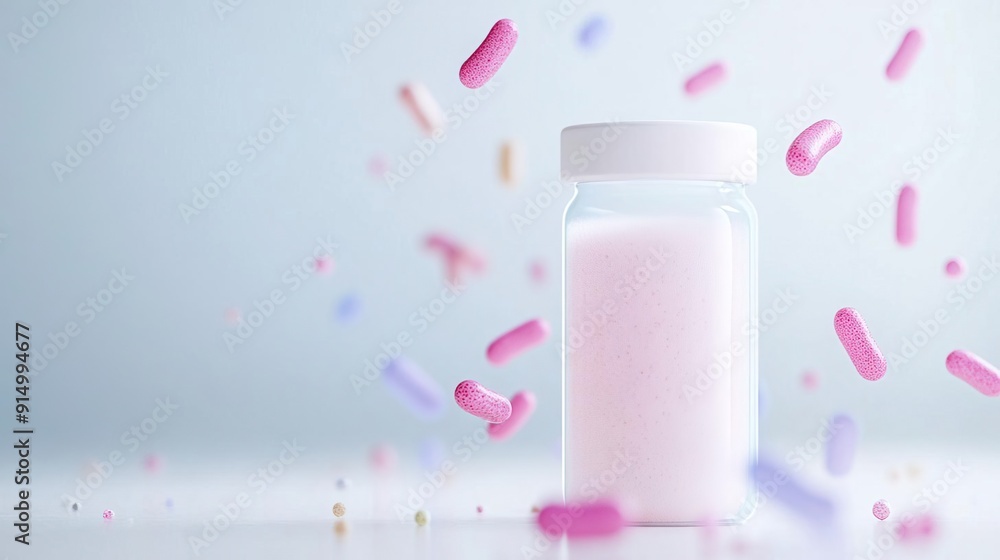White bottle with pink liquid and colorful pills flying around White bottle with pink liquid and colorful pills flying around