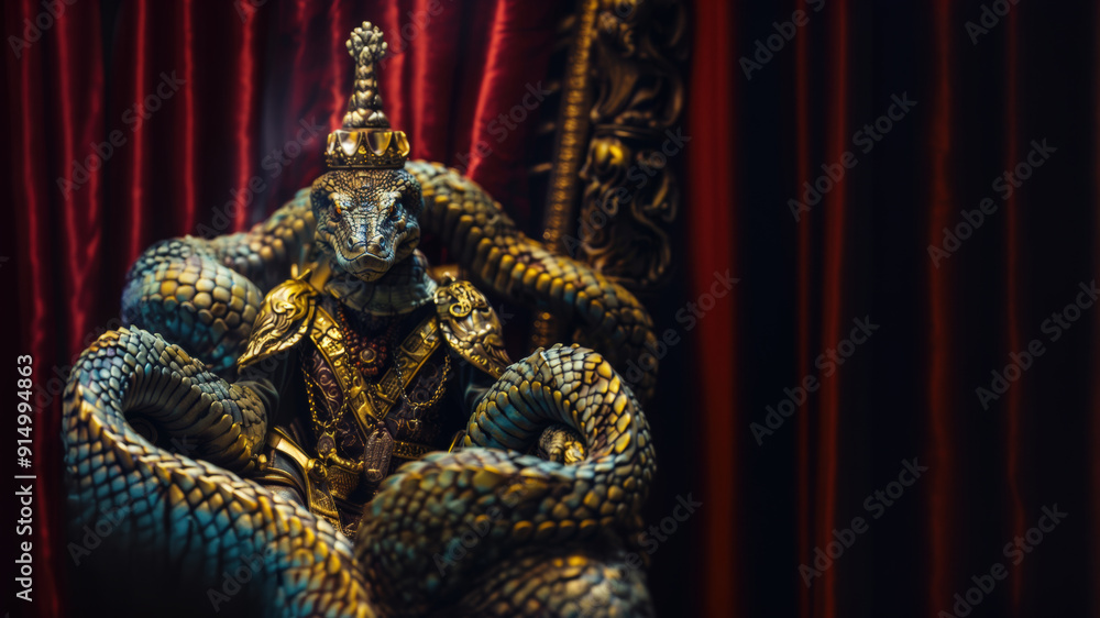 Fototapeta premium Regal snake king in crown, zodiac symbol of chinese new year with copy space. Astrology banner, holiday card invitation, horoscope illustration, mystical advertising talisman for successful big sales