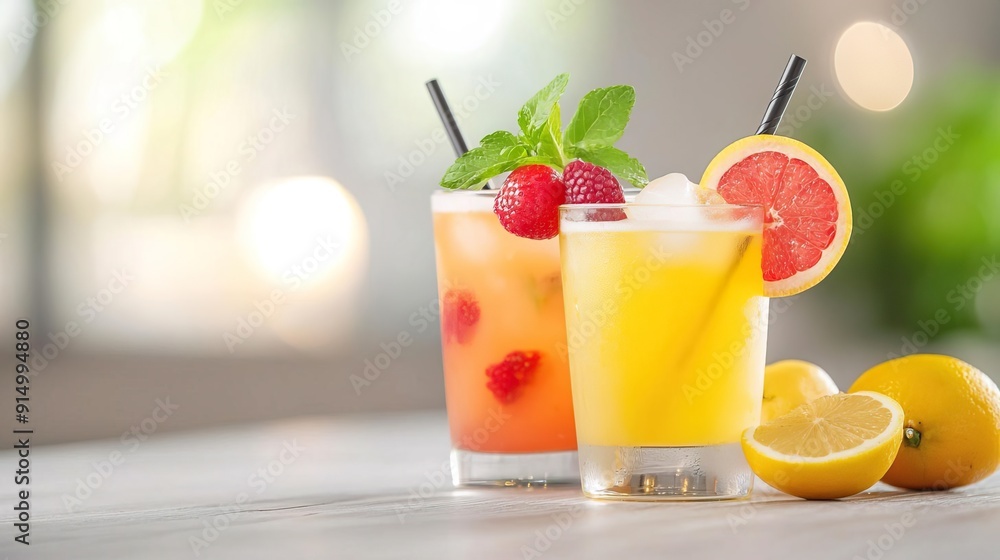 Two refreshing orange cocktails with fruit garnish on a table. Two refreshing orange cocktails with fruit garnish on a table.