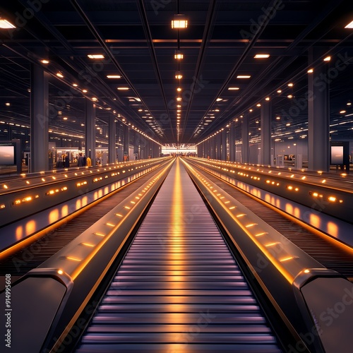 Futuristic airport terminal conveyor belt illuminated with modern lighting, showcasing advanced travel and technologies in transportation hubs.