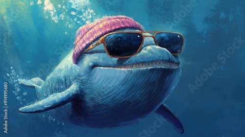 Cheerful whale with mirrored sunglasses and a trendy beanie, cruising along