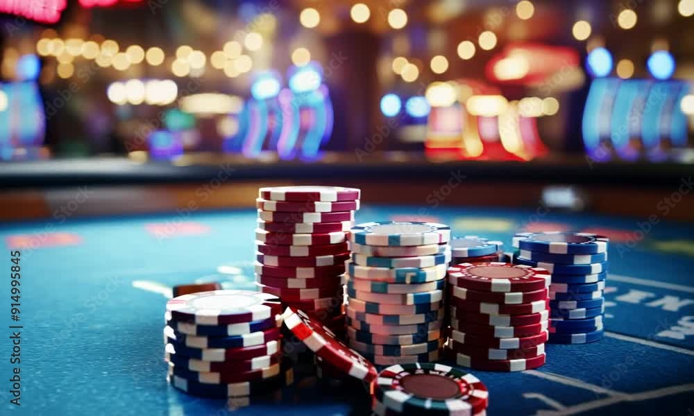 High-angle shot of a casino table with stacks of chips on it, blurred background, a casino in the background, close-up shot High-angle shot of a casino table with stacks of chips on it, blurred background, a casino in the background, close-up shot