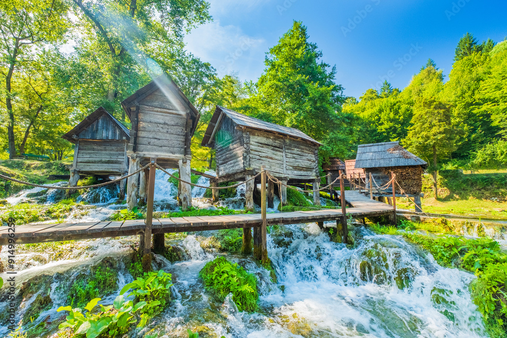 Old wooden mills Mlincici near Jajce on Plivsko Lake, Bosnia and Herzegovina