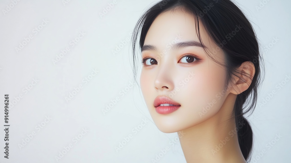 A young woman with elegant features poses gracefully against a light background during a natural light photoshoot A young woman with elegant features poses gracefully against a light background during a natural light photoshoot