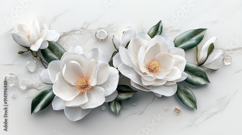 Floral sculpture on marble background in white bas-relief.