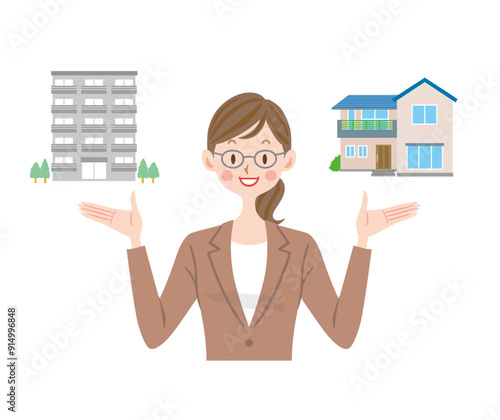 一戸建てかマンションか選択する女性　提案する不動産の営業　賃貸か購入か