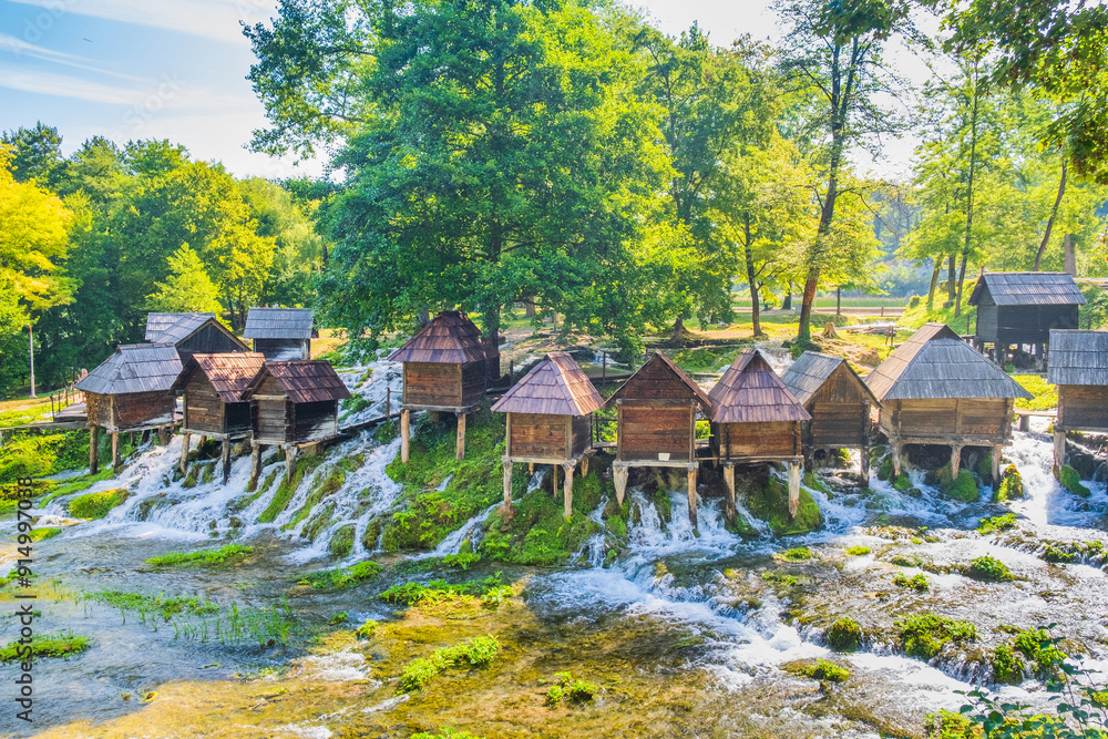 Old wooden mills Mlincici near Jajce on Plivsko Lake, Bosnia and Herzegovina