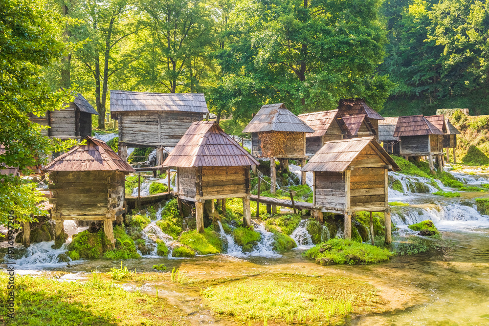 Old wooden mills Mlincici near Jajce on Plivsko Lake, Bosnia and Herzegovina