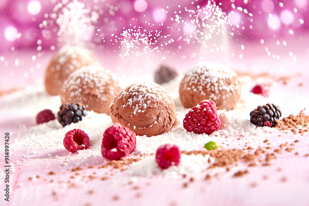 Fototapeta premium A dessert with chocolate and raspberries on a pink background. The dessert is sprinkled with powdered sugar