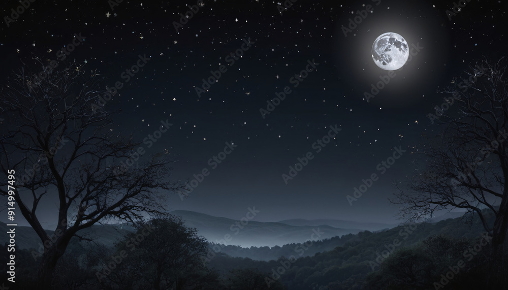 Dark night sky canvas with bright moon, twinkling stars, and silhouettes of trees Dark night sky canvas with bright moon, twinkling stars, and silhouettes of trees