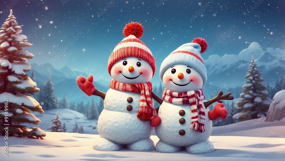 Fototapeta premium Snowman and cookie celebrate new year party with Christmas tree Merry Christmas and happy new year greeting concept.