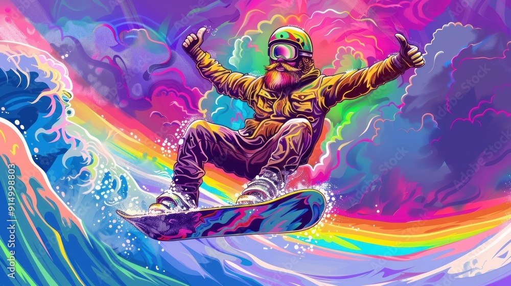 Snowboarder Riding Rainbow Wave. Snowboarder Riding Rainbow Wave.