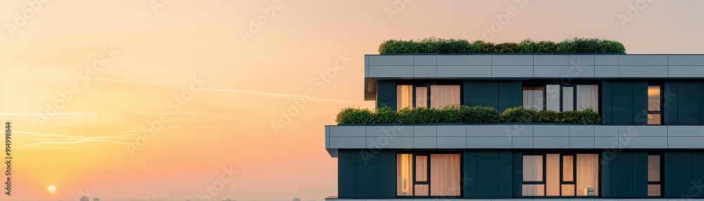 Fototapeta premium Modern apartment building with greenery, basking in the warm glow of a sunset, showcasing urban living and sustainability.