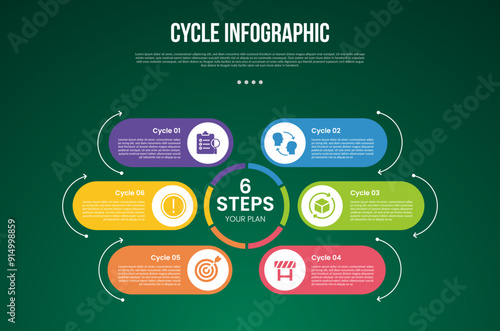 cycle infographic with round rectangle shape on big circle as center with 6 point stage with modern dark style for slide presentation