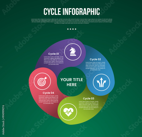 cycle infographic with circle shape with round edge circular with 4 point stage with modern dark style for slide presentation