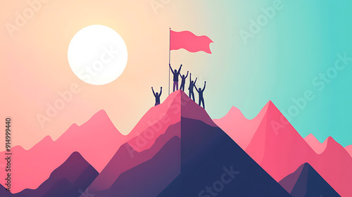 A group of people are standing on top of a mountain, holding a red flag