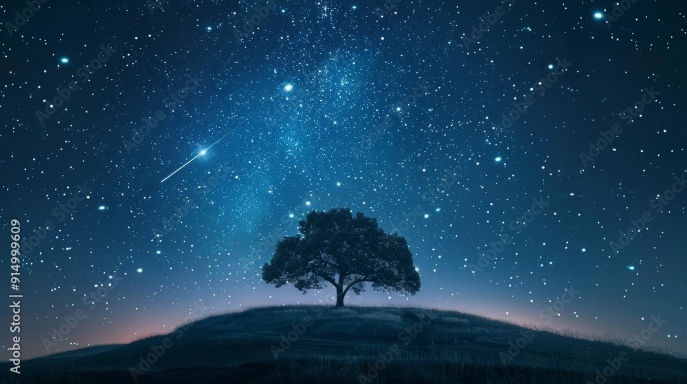 A lone tree stands on a hilltop under a breathtaking starry night sky. The Milky Way stretches across the heavens. A lone tree stands on a hilltop under a breathtaking starry night sky. The Milky Way stretches across the heavens.