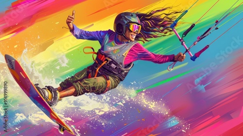 Kitesurfing Woman With Thumbs Up In Vibrant Colors.