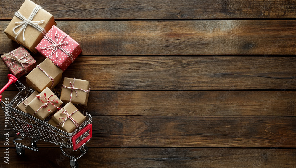 Fototapeta premium Box of christmas gift box, shopping cart with pine cones on brown wood table with copy space decorations and christmas tree on it.