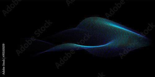Flowing dots particles wave pattern 3D curve halftone blue green gradient curve shape isolated on black background. Vector in concept of technology, science, music, modern.