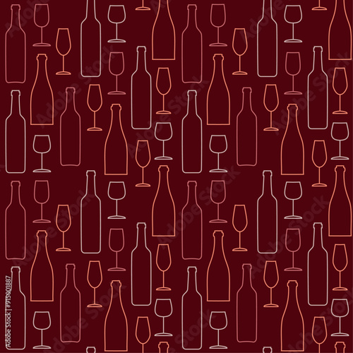 Seamless vector pattern of wine glasses and bottles outlines on dark red background, design for textile printing, wallpaper, wrapping paper.