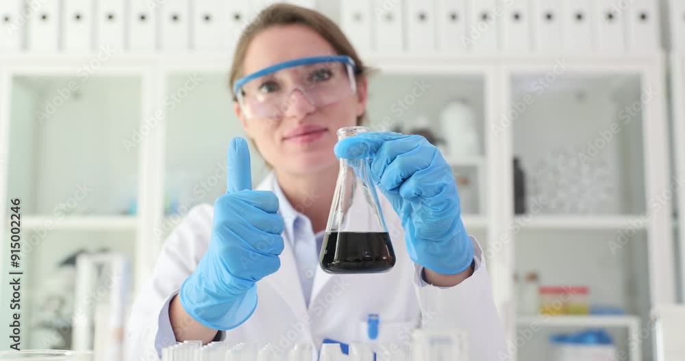 Female researcher shows thumbs up holding flask with black liquid of crude oil. Scientist indicates satisfaction with results and successful completion Female researcher shows thumbs up holding flask with black liquid of crude oil. Scientist indicates satisfaction with results and successful completion