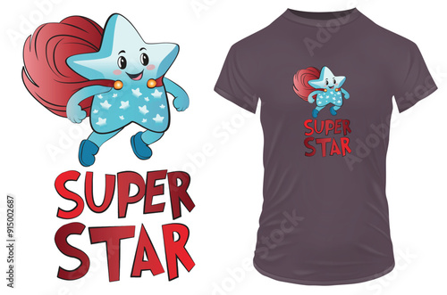 Funny happy superhero blue star cartoon with a red cape and a quote superstar. Vector illustration for tshirt, website, print, clip art, poster and print on demand merchandise.