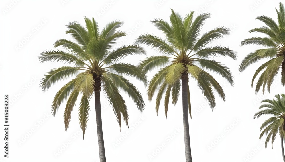 Two palm trees with lush green fronds against a white background Two palm trees with lush green fronds against a white background
