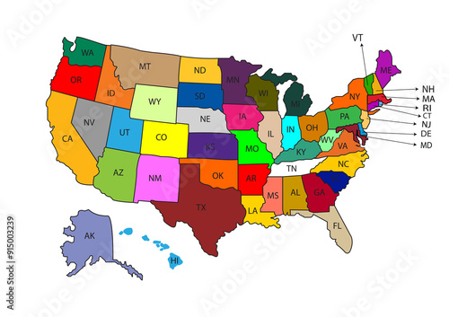 United State, Multicolor  State Maps white background