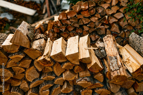 Woodpile stacked in front of larger woodpile with smaller woodpile on top photo