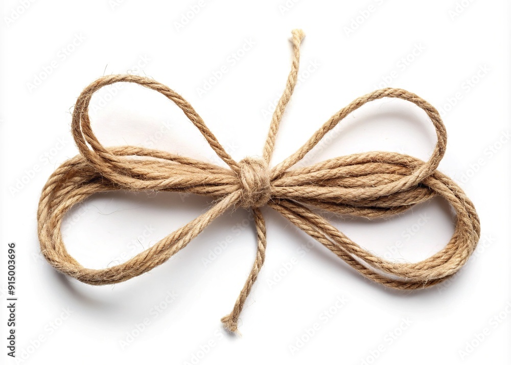 Delicate twine tied in a precise bow shape, isolated on a clean white background, creating a simple yet elegant composition perfect for various design uses. Delicate twine tied in a precise bow shape, isolated on a clean white background, creating a simple yet elegant composition perfect for various design uses.
