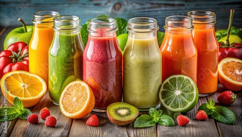 Vibrant assortment of healthy smoothies in portion bottles, blending orange, grapefruit, lime, kiwi, and strawberry fruits, overflowing with nutrients and freshness. photo