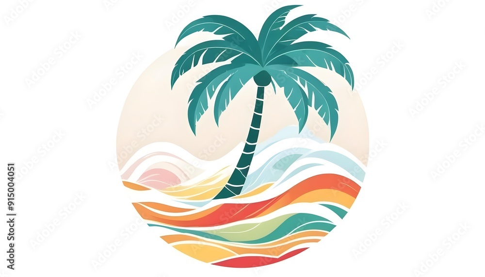 Fototapeta premium A tropical palm tree silhouette against a colorful sunset landscape with waves and abstract shapes