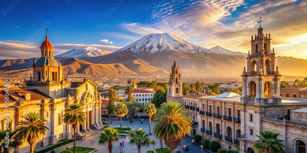Naklejka premium Vibrant cityscape of Arequipa, Peru's second-largest city, featuring stunning architecture crafted from white volcanic stone, set against a backdrop of majestic mountains.
