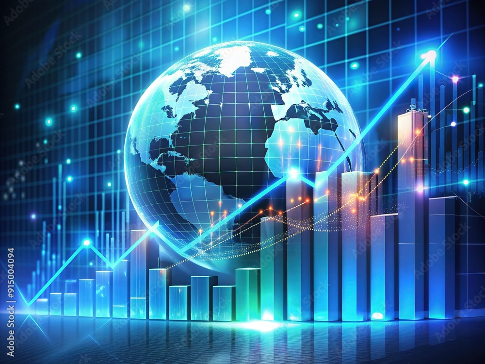 Holographic economic chart displays upward trend, analyzing global business growth and asset investment, illustrating financial success and prosperity in international markets and trade. Holographic economic chart displays upward trend, analyzing global business growth and asset investment, illustrating financial success and prosperity in international markets and trade.