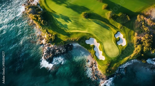 Aerial view of golf area by the sea, Camera slow motion with different angles