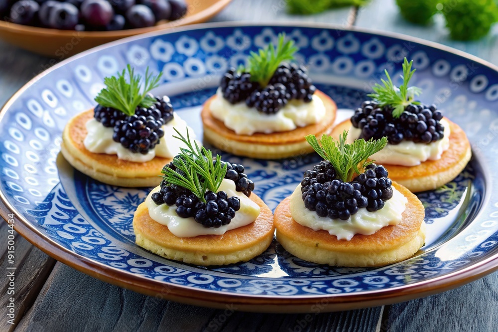 Elegant appetizer featuring blinis topped with black caviar, cream cheese, and fresh dill, arranged on a decorative plate, perfect for upscale gatherings and celebrations. Elegant appetizer featuring blinis topped with black caviar, cream cheese, and fresh dill, arranged on a decorative plate, perfect for upscale gatherings and celebrations.