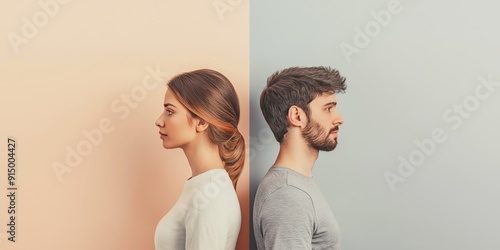A side profile of a man and a woman standing back to back, neutral expressions, soft lighting, modern minimalistic background, concept of distance or relationship tension, pastel tones, copy space

