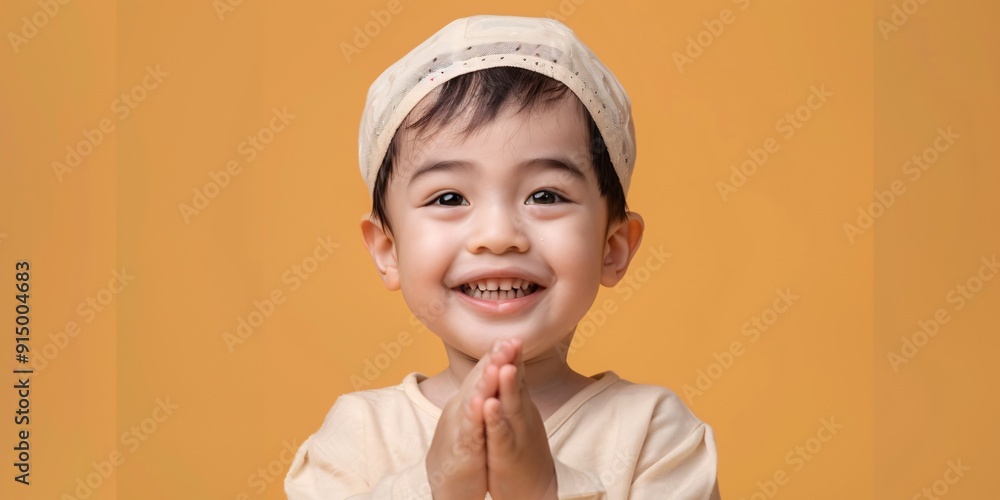 A young Muslim boy from Asia wearing a prayer cap, makes a welcoming gesture with a joyful expression. A young Muslim boy from Asia wearing a prayer cap, makes a welcoming gesture with a joyful expression.
