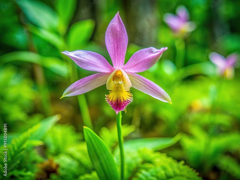 Delicate pink petals and yellow-green sepals of Rose Pogonia orchid, a rare and exquisite wildflower, bloom in a lush green forest understory habitat. Delicate pink petals and yellow-green sepals of Rose Pogonia orchid, a rare and exquisite wildflower, bloom in a lush green forest understory habitat.